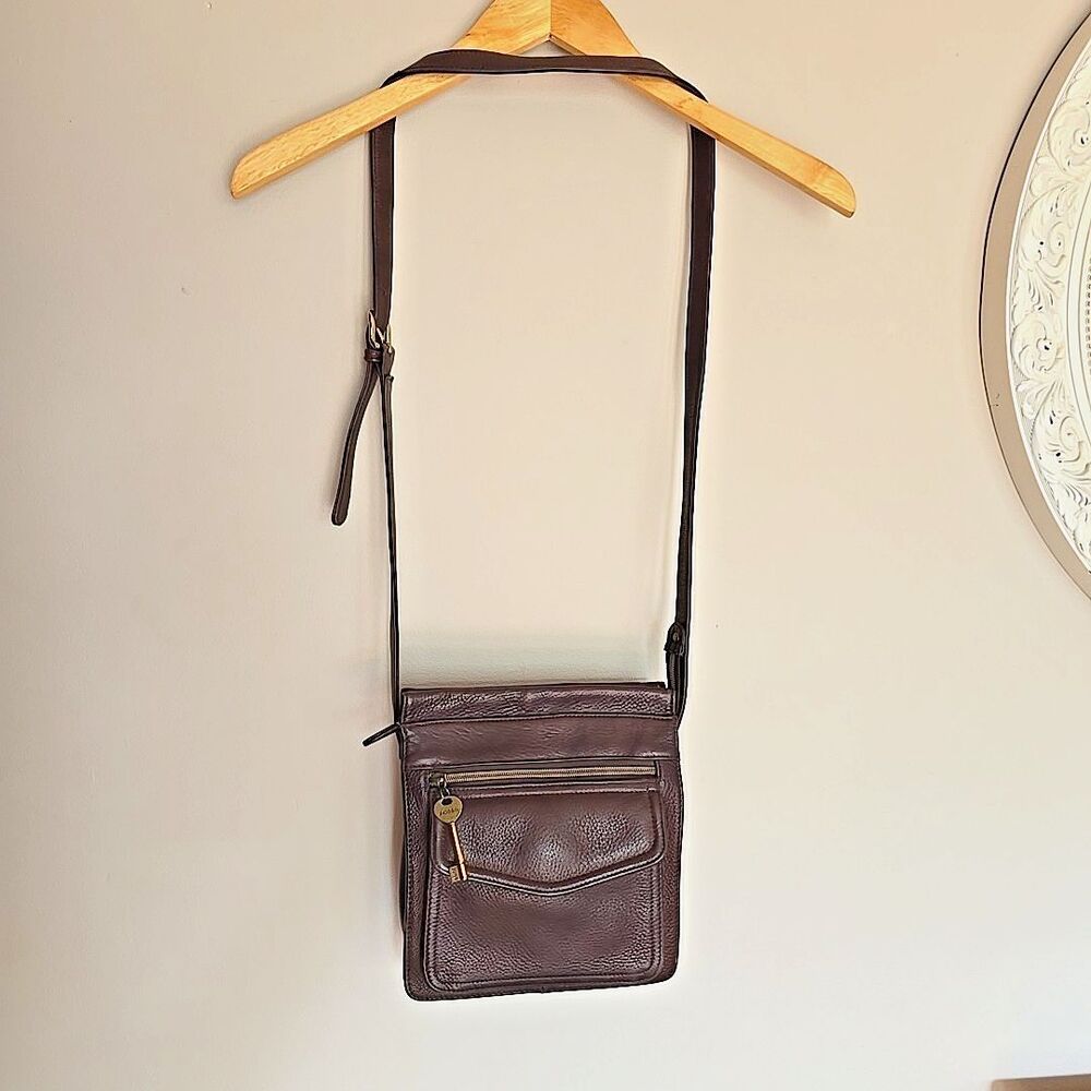 Vtg Fossil Brown Leather Crossbody Bag Purse Key 75082 American Classic Y2K Zip